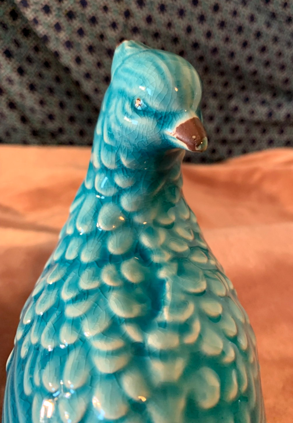 **Large 11″ Ceramic Table Decor~Peacock-Quail Figurine~Turquoise Blue**