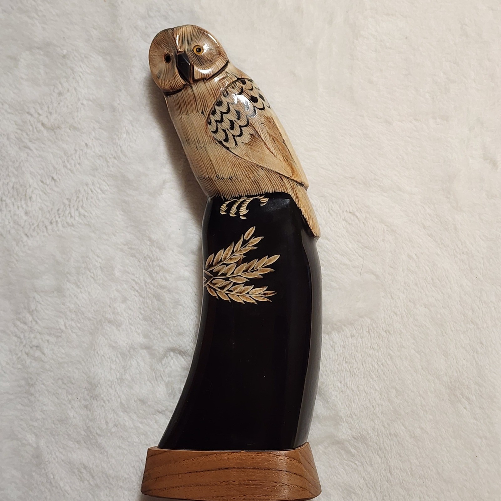 Carved Horn Owl Figurine Statue on Black Base with Wheat Design Thailand