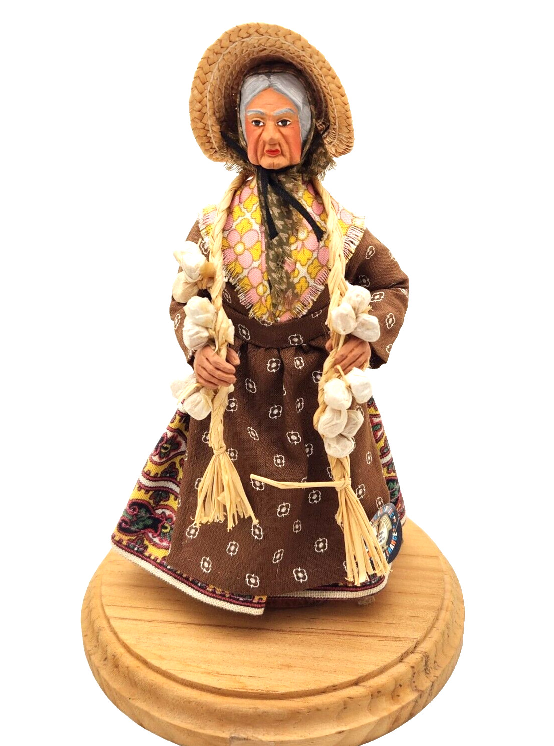 French Terracotta Clay Woman Doll Garlic Handpainted Glass dome Vintage