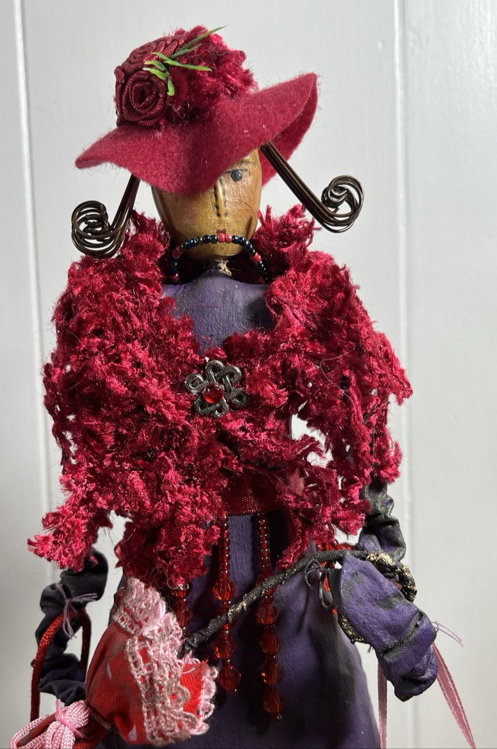 Collectible Hand Crafted Folk Art Paper Mache Woman Shopping 16″ Figure Umbrella