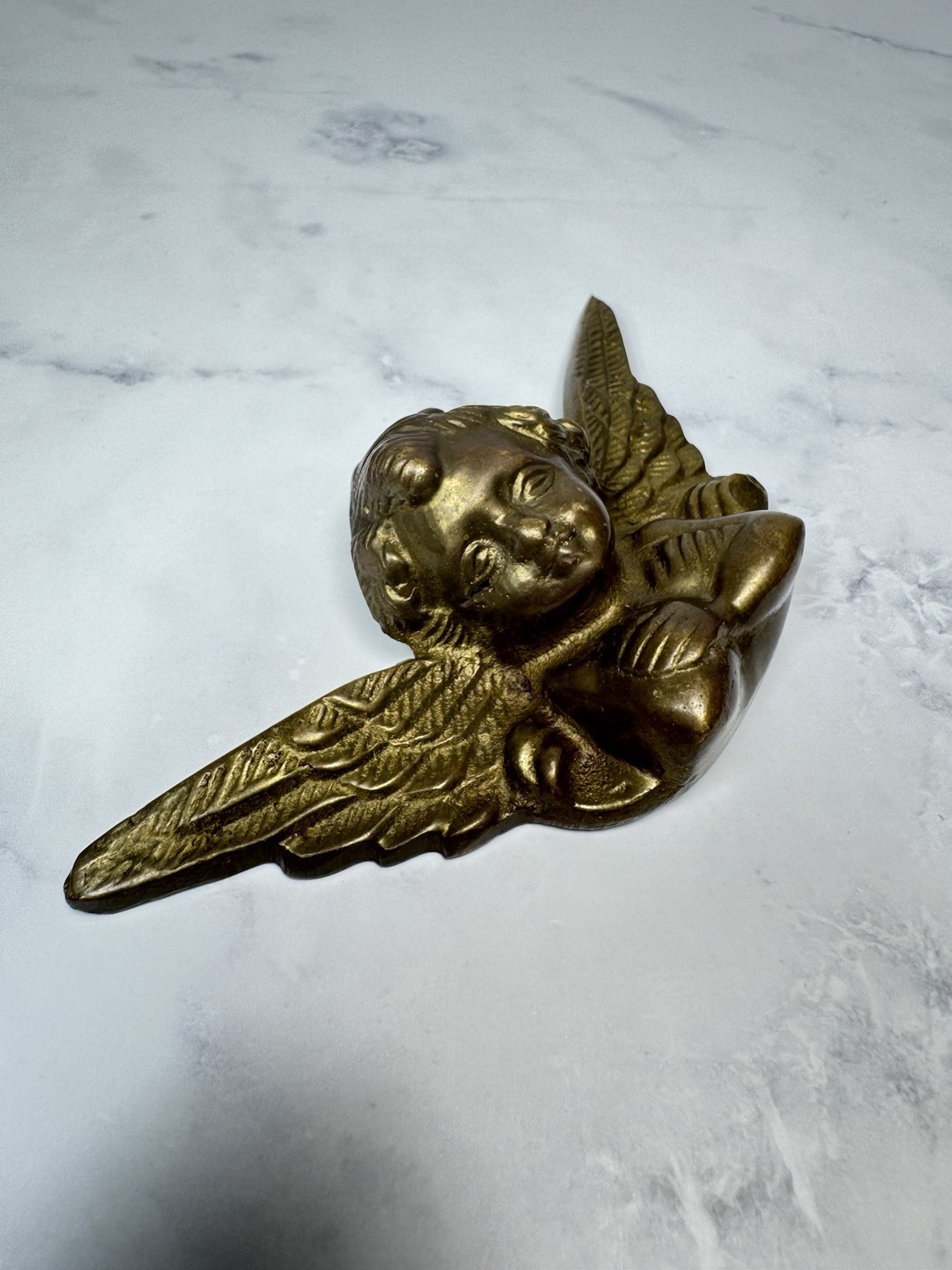 Vintage Brass Angel Cherub Wall Hanging Boudoir Whimsical Sculpture Figurine 5″