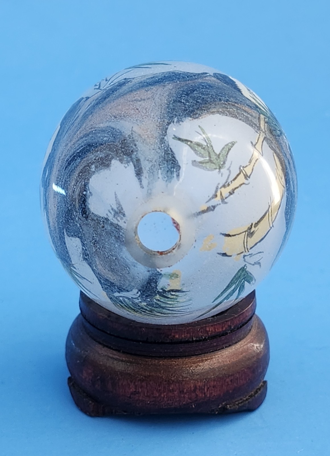 Vintage Reverse Hand Painted Glass Egg Asian Panda Bears, Snail & Bamboo w/Stand