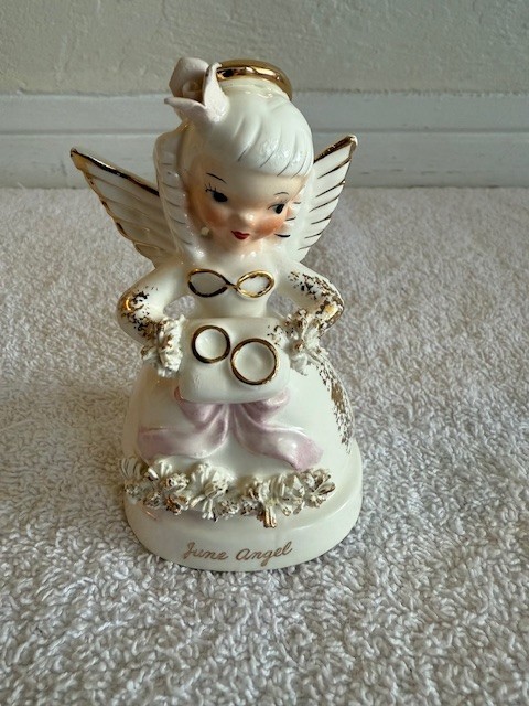 Vintage June Birthday Ring Bearer Angel – Napco w/ Spaghetti Trim A1366 – Japan