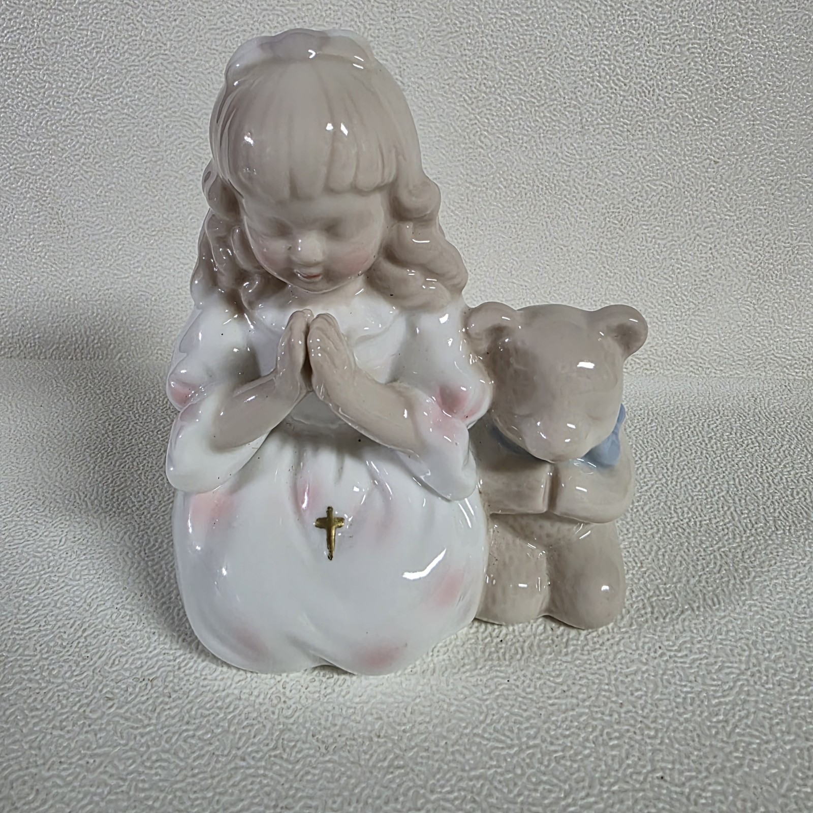 Girl & Teddy Praying Porcelain Figurine Pastel Colors Glossy Glaze Cross on lap