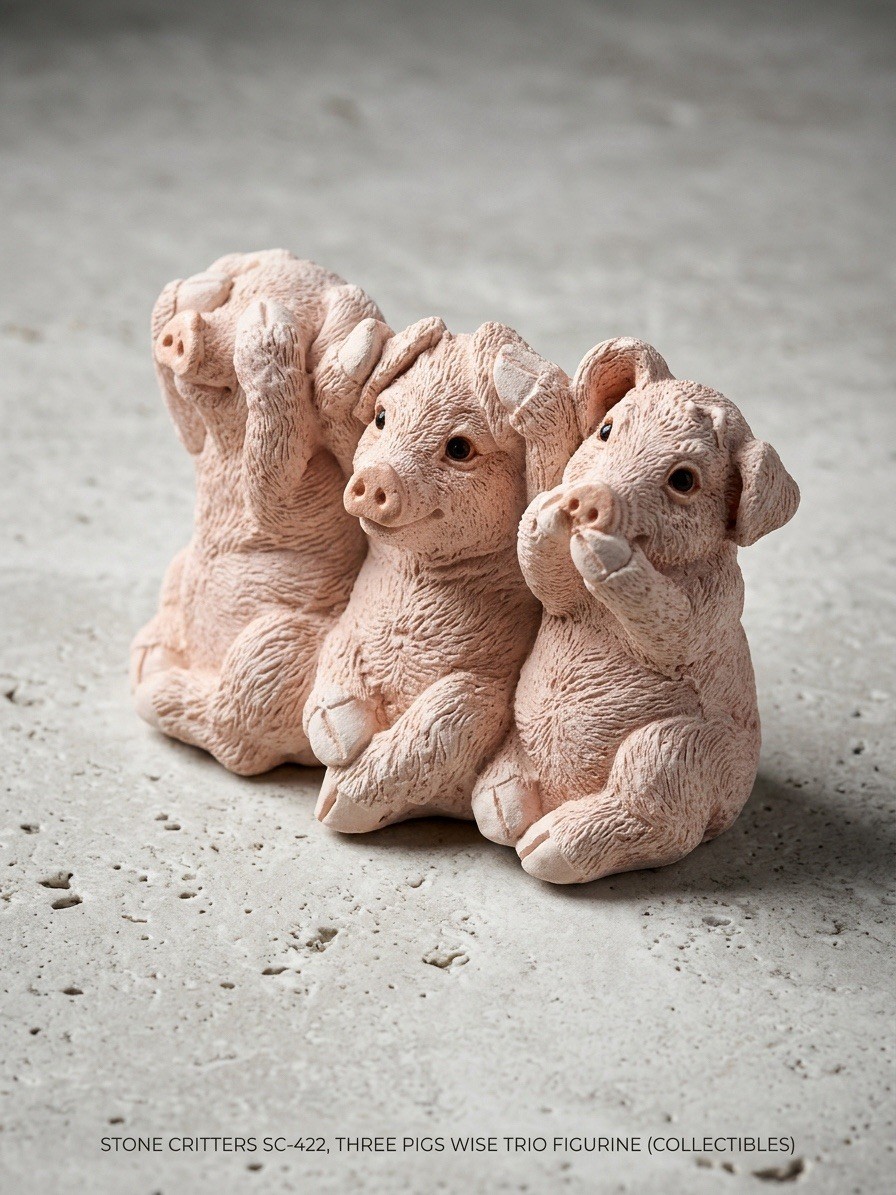 Collectible Stone Critters Pigs Figurines Mama & Child and Hear See Speak No Evi