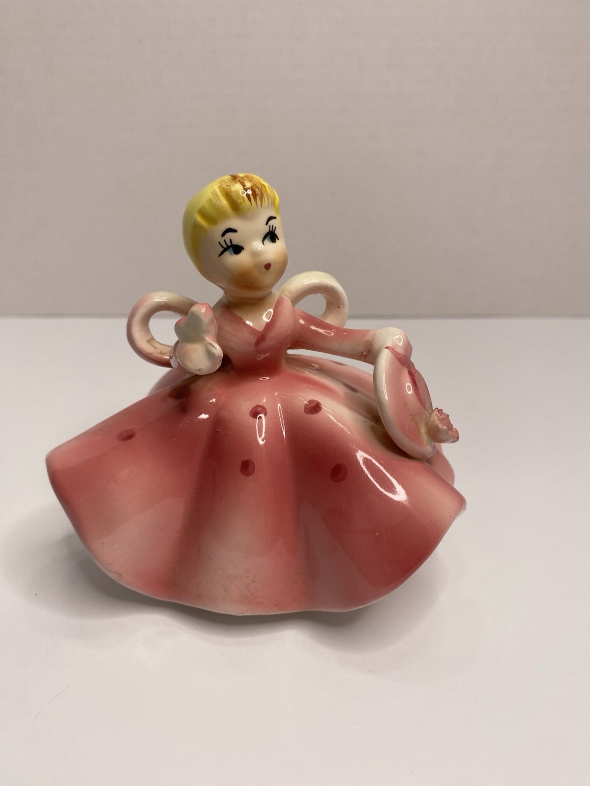 Vintage 1960s Ceramic Girl w/Pink Dress with Big Bow Tie Japan