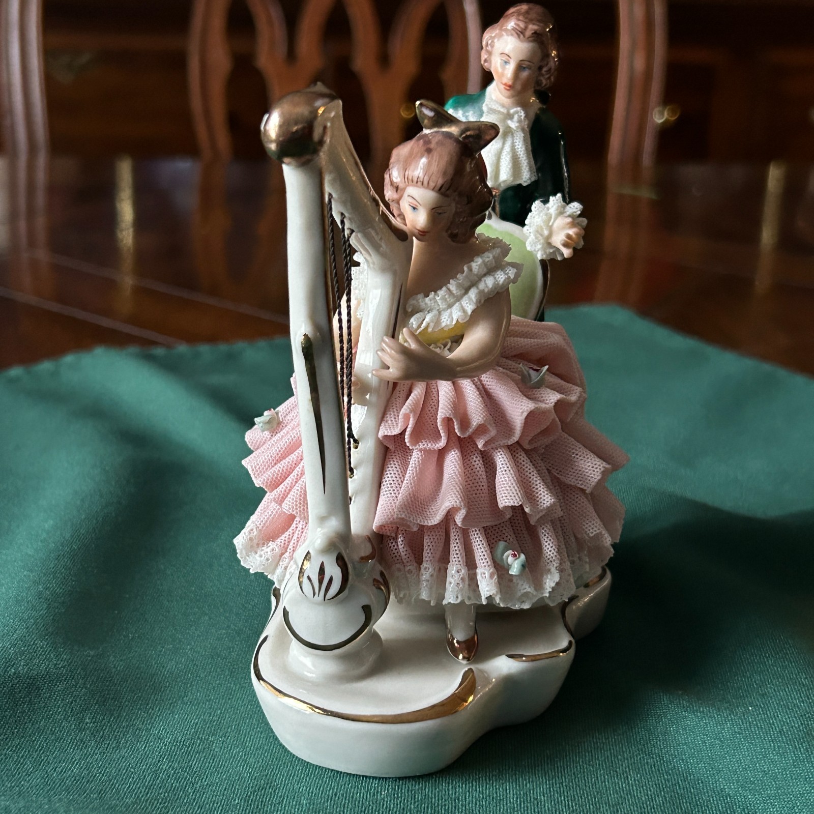 DRESDEN ART Germany, Porcelain LACY FIGURINE, Woman Playing Harp, 5″L, 5-1/2″H