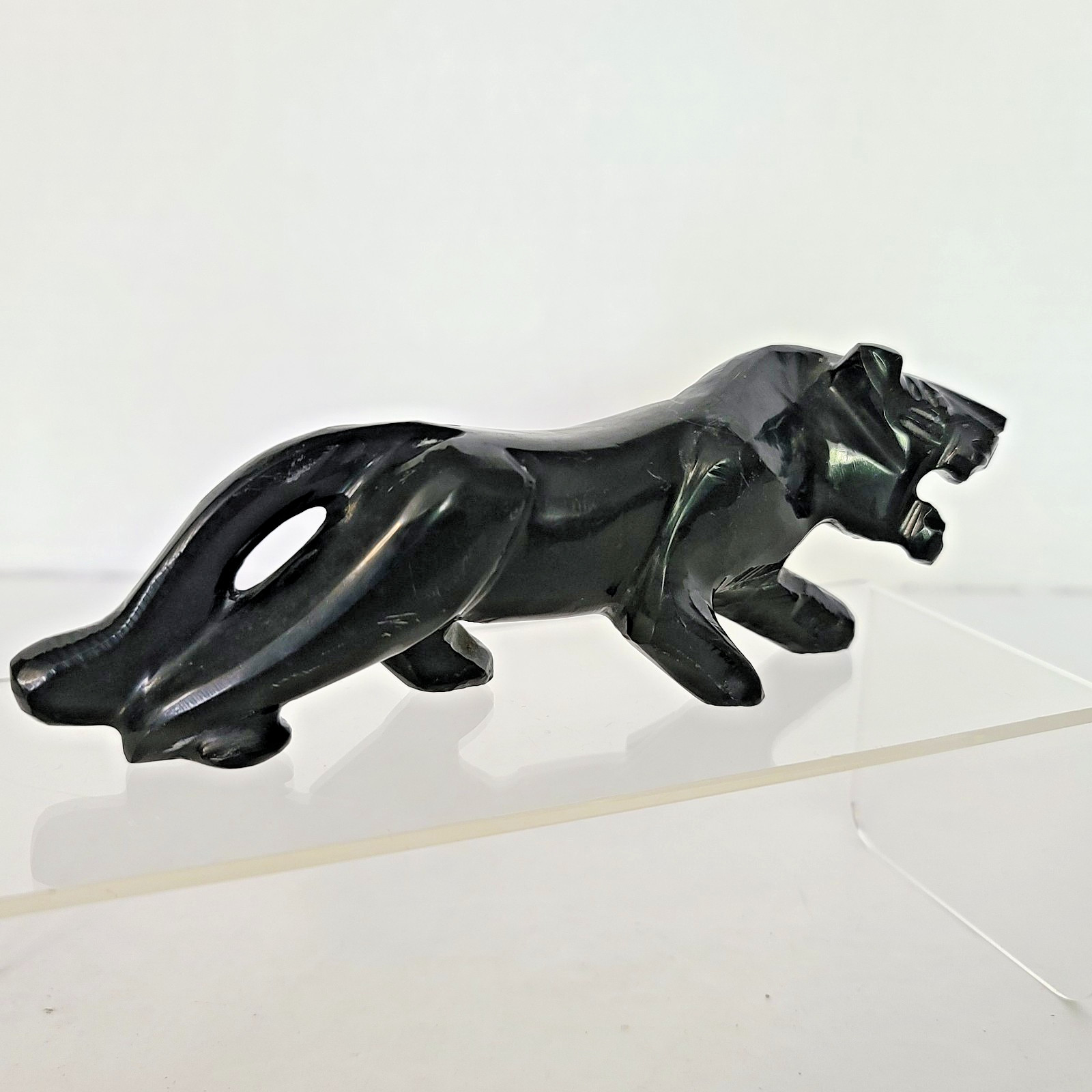 Vintage Black Obsidian Onyx Marble Panther Jaguar Figurine 6” Hand Carved