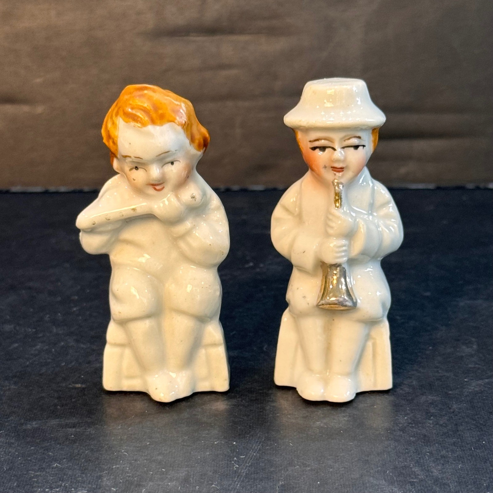 Vintage Made in Japan Porcelain Musical Child Figurines Set of 2 Flute Trumpet