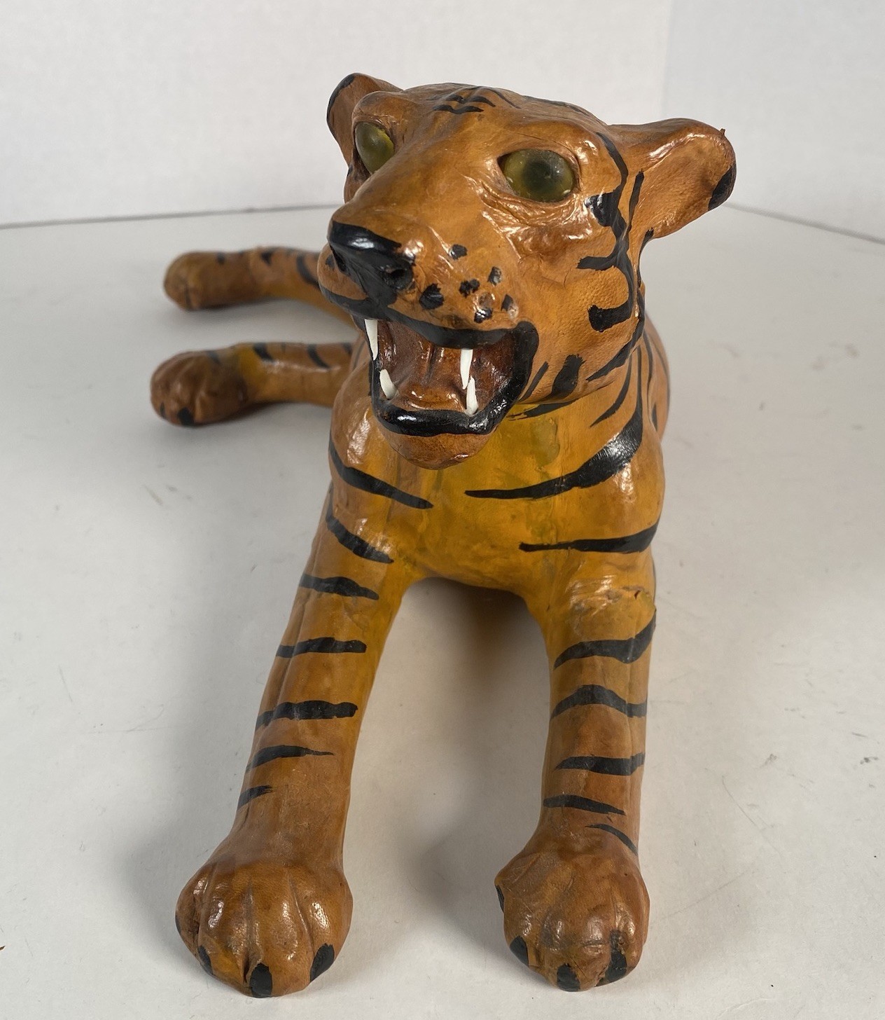 Vintage Leather Wrapped Orange Tiger FIgure Figurine Statue MCM Mid Century