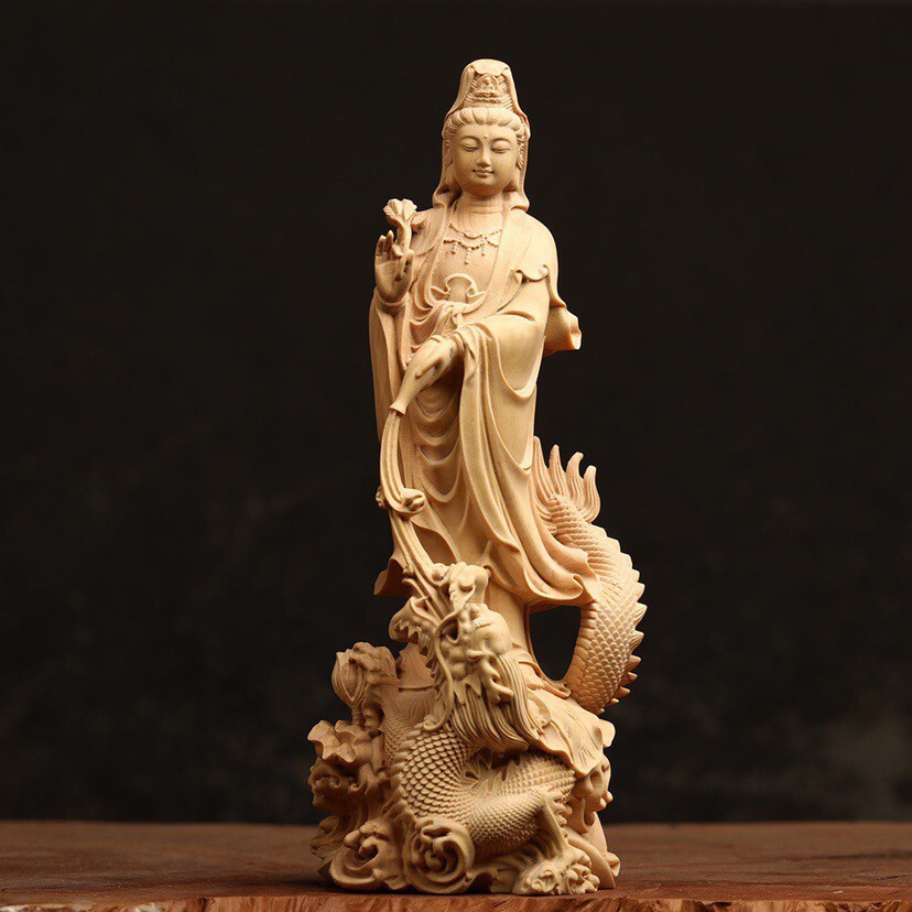 4.7″ Natural Boxwood Carving Dragon Avalokitesvara Bodhisattva Fengshui Ornament