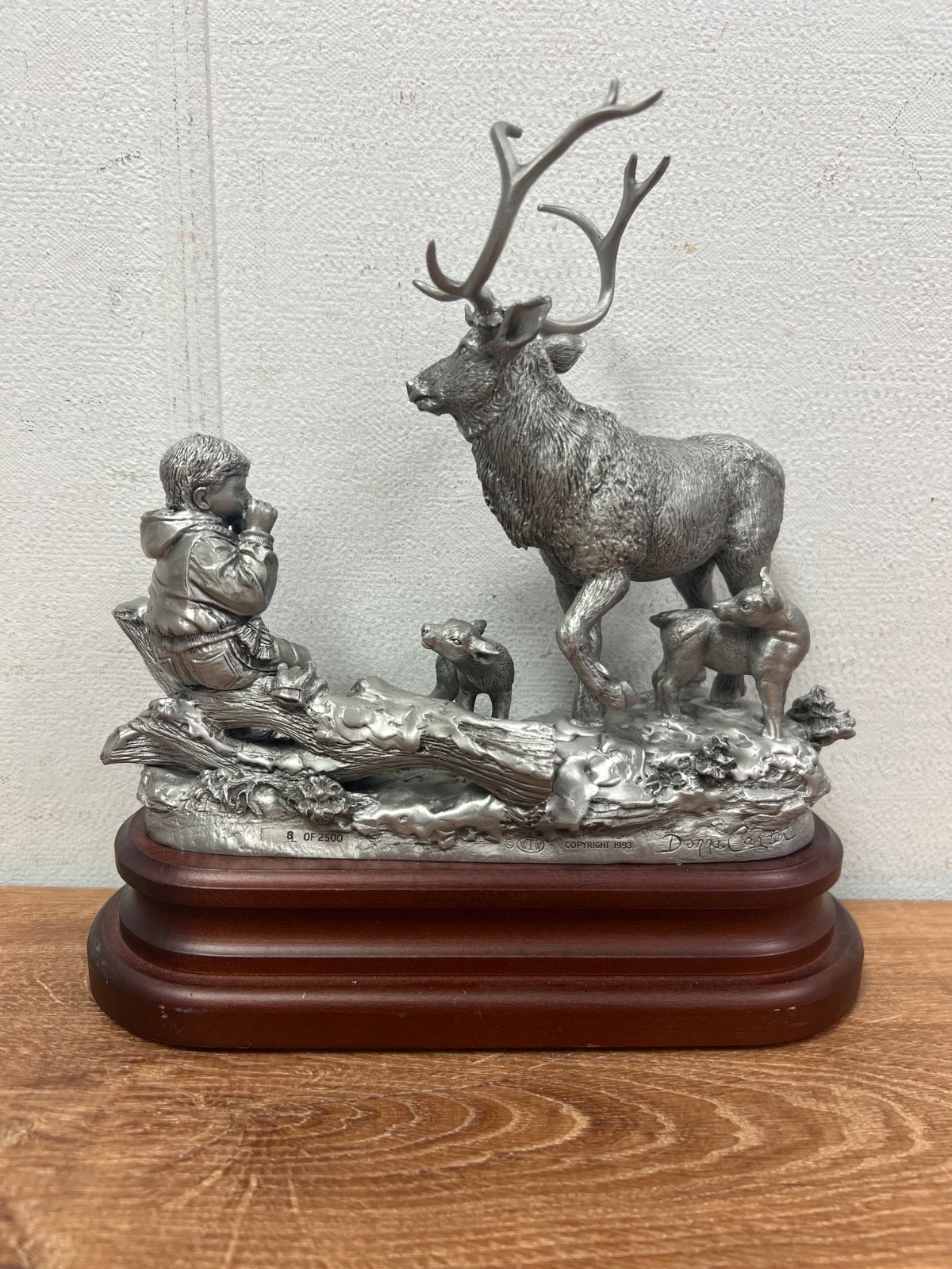 Pewter Deer & Boy Nature Wildlife Animal Figurine Wood Base 1993