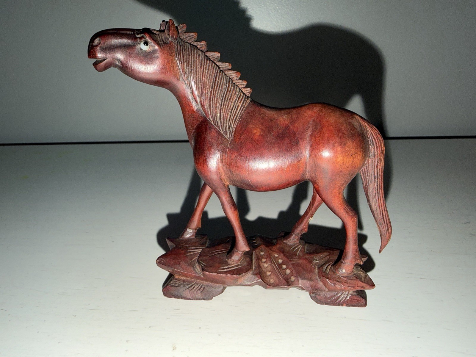 Vintage Minature Chinese Carved Wood Horse Asian Art Figurine 3.5 In Glass Eyes