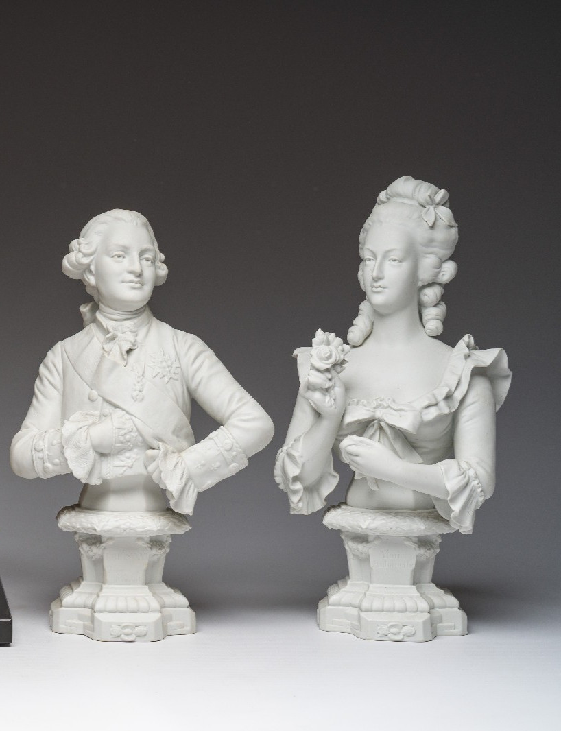 PAIR antique scheibe alsbach porcelain statue Louis XVI Marie Antoinette bust