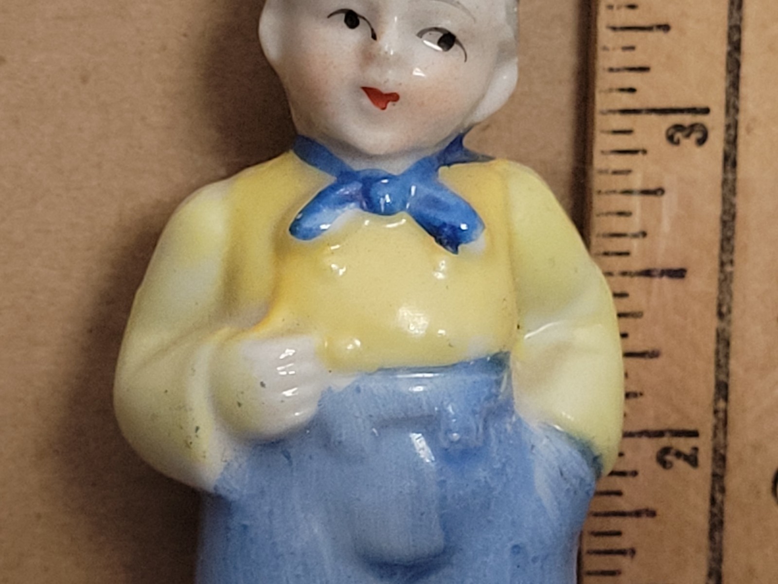 Vintage BOY IN YELLOW AND BLUE ceramic figurine MADE IN JAPAN