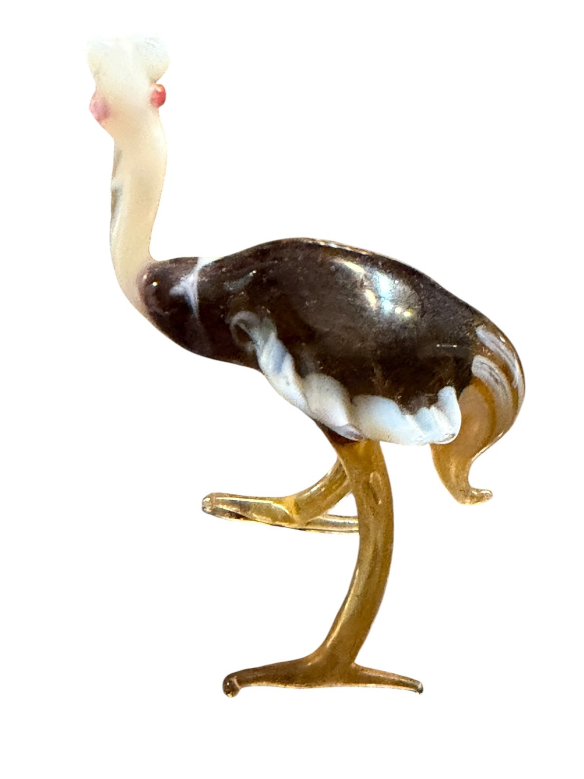Vintage Miniature Ceramic Ostrich Bird Figurine Brown White Gold Japan