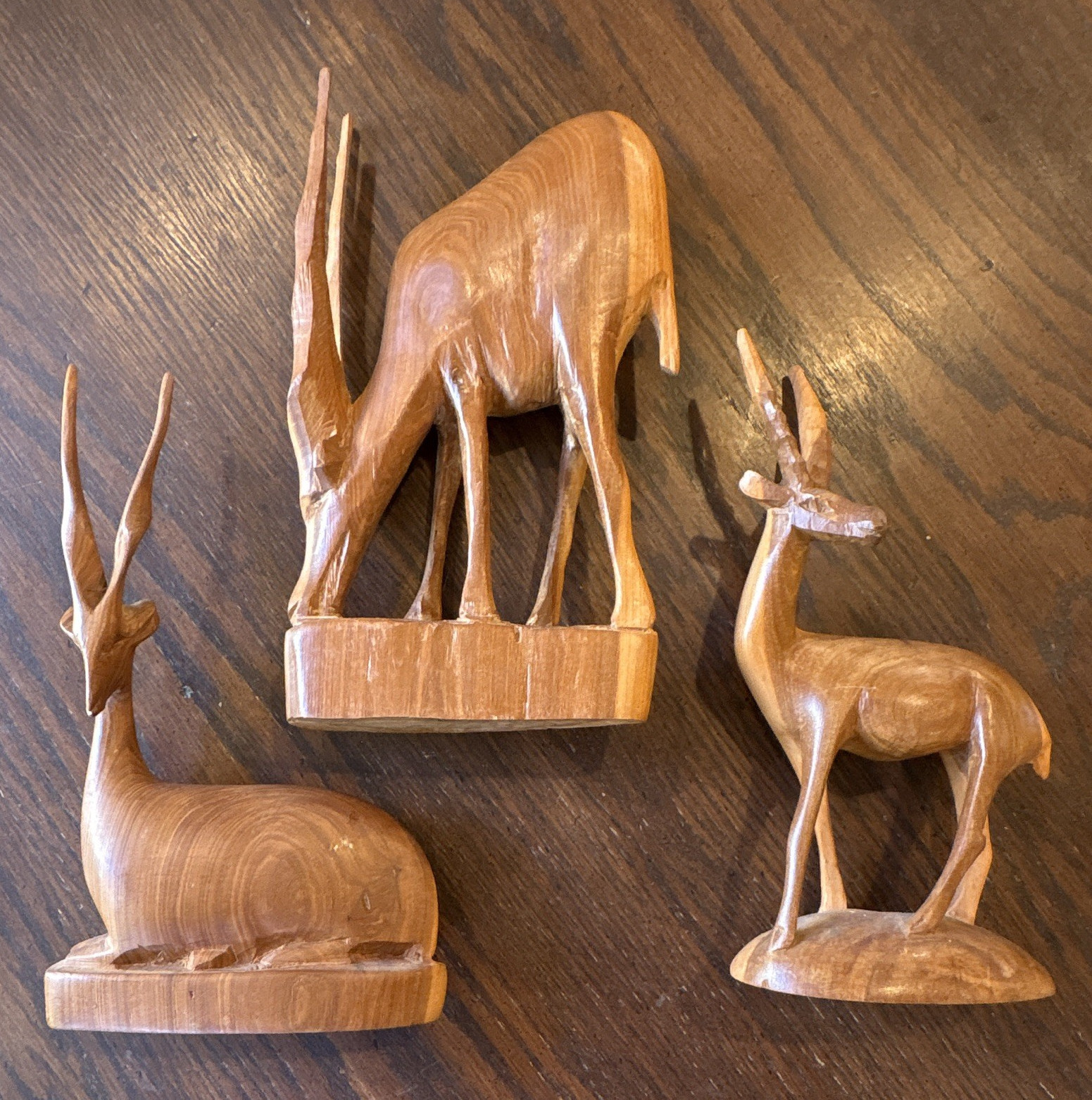 Hand Carved Wood Deer Figurines Set of 3 Brown Natural Finish Wood Grain