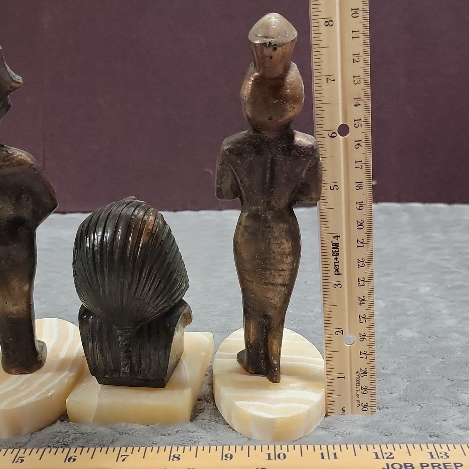 3pc Lot Egyptian Pharaoh Metal Figurines on Stone Bases, Antique Striped