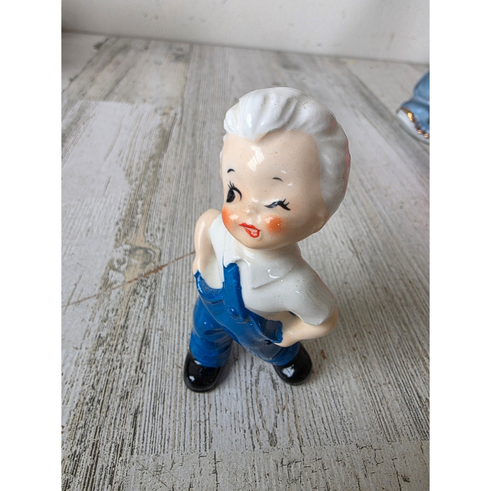 Vintage Japan boy overalls gray hair statue figurine