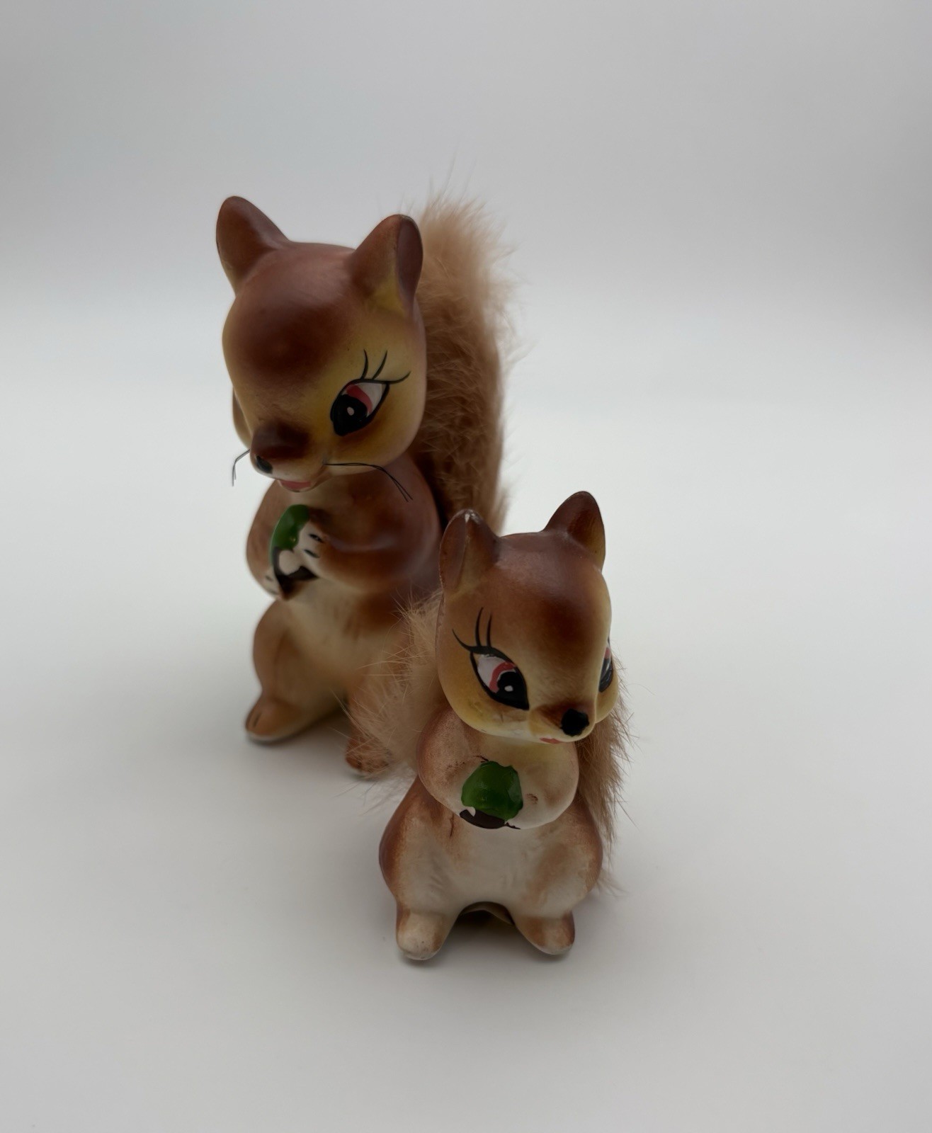2 Vintage MCM Ceramic Squirrel Chipmunk Figurines Fur Tails 50s Baby Kitschy