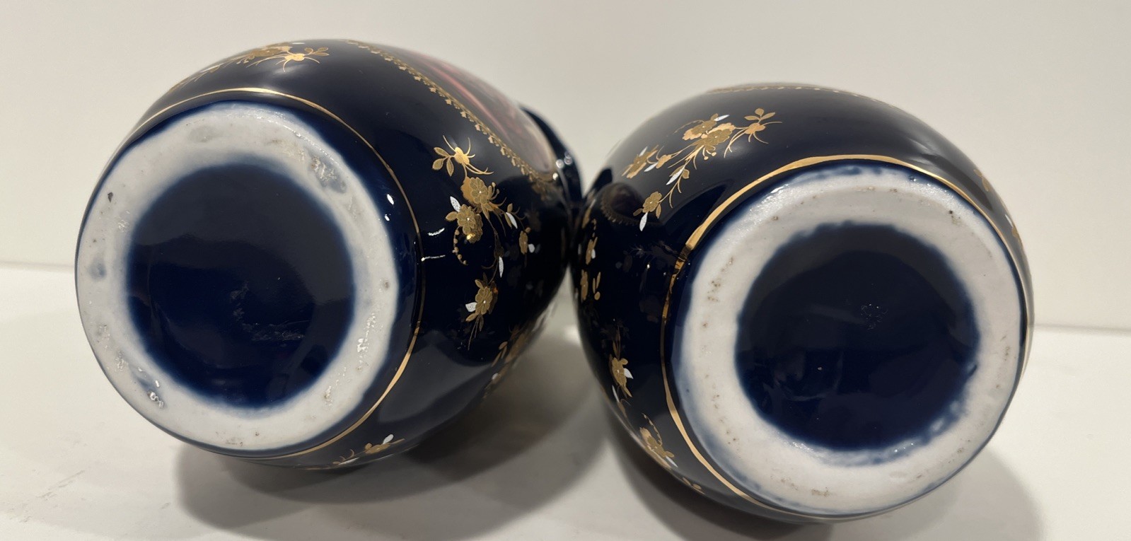 Porcelain Blue And Gold Historical Figures Vases 6” Tall