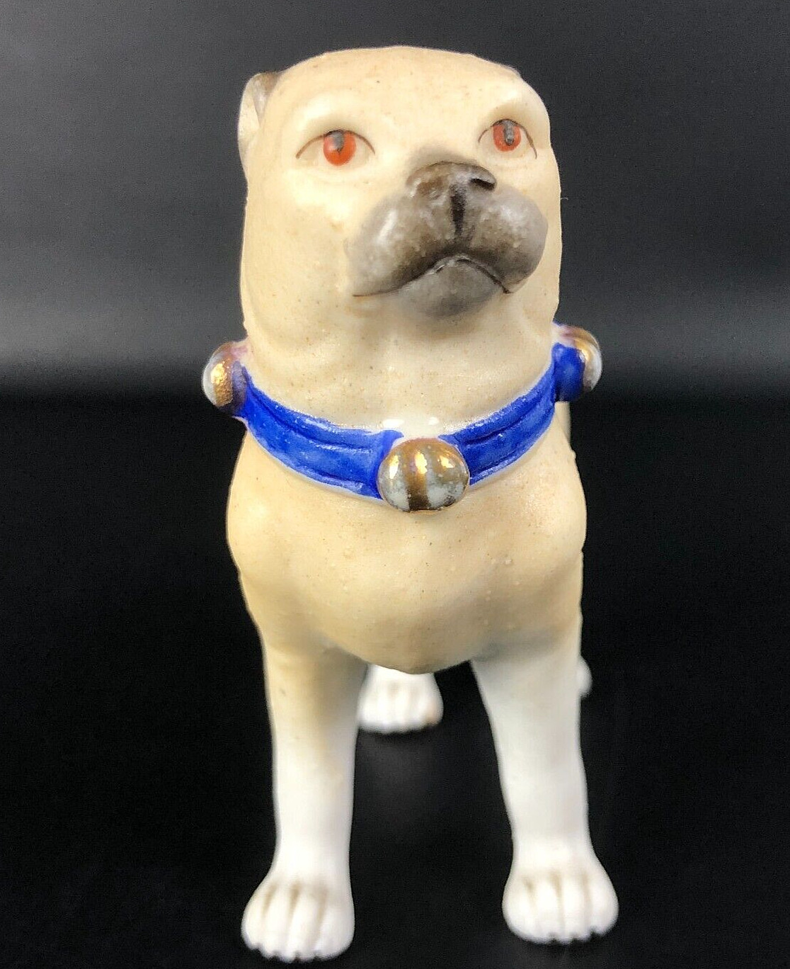 ANTIQUE 1900S PUG DOG Figure Victorian Dollhouse Miniature Bisque Figurine 2.50″