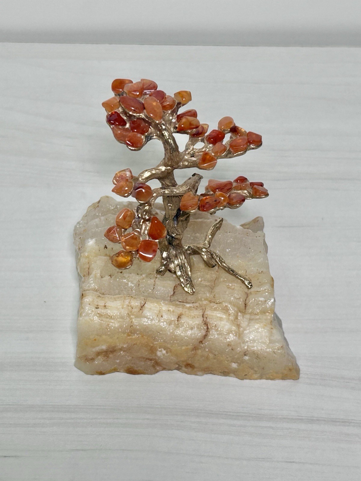 Vintage AMARO Stone & Gold Tone Metal BONSAI TREE SCULPTURE on Rock Signed