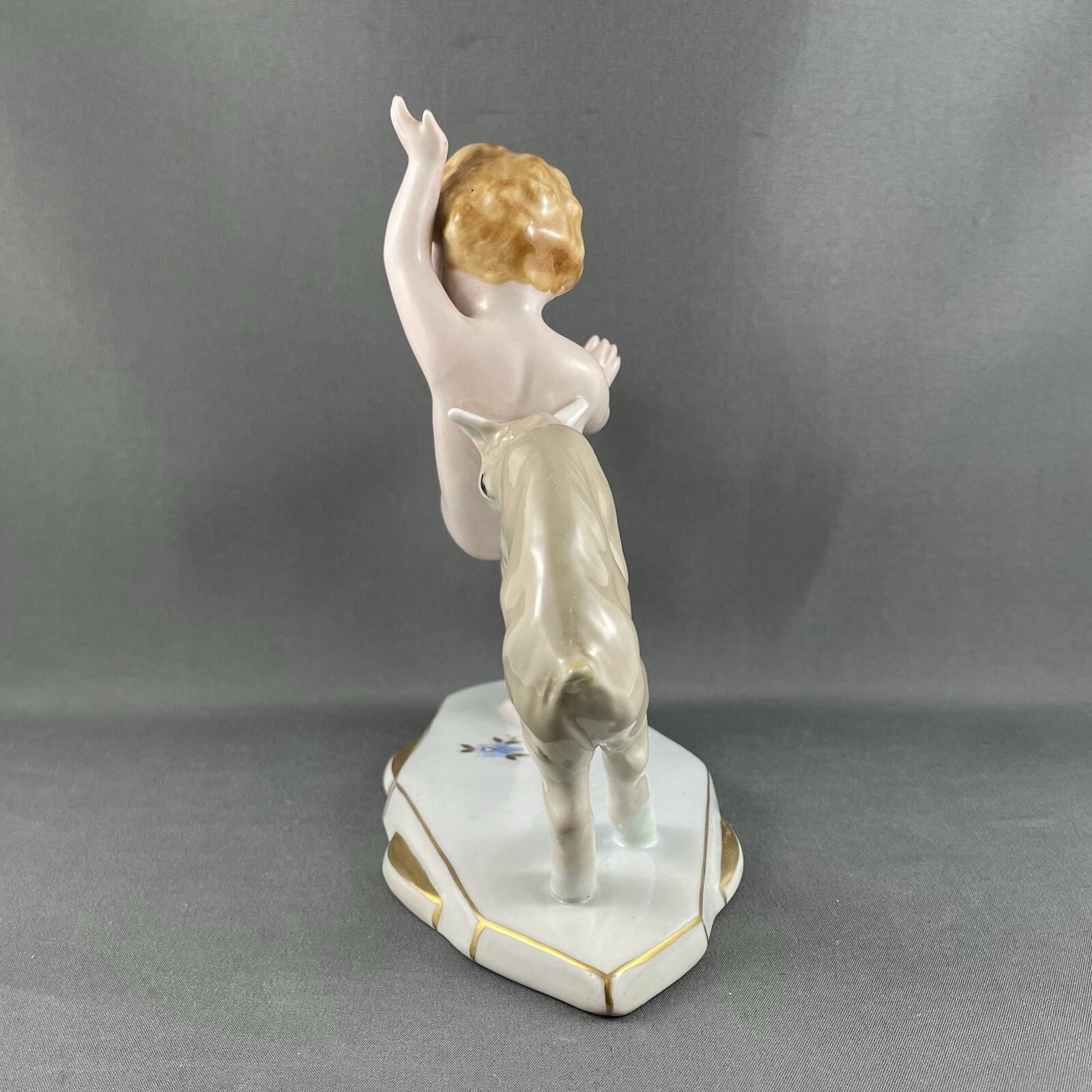 Royal Dux Figurine, Boy, Cherub, Putti with Goat, 6″ L