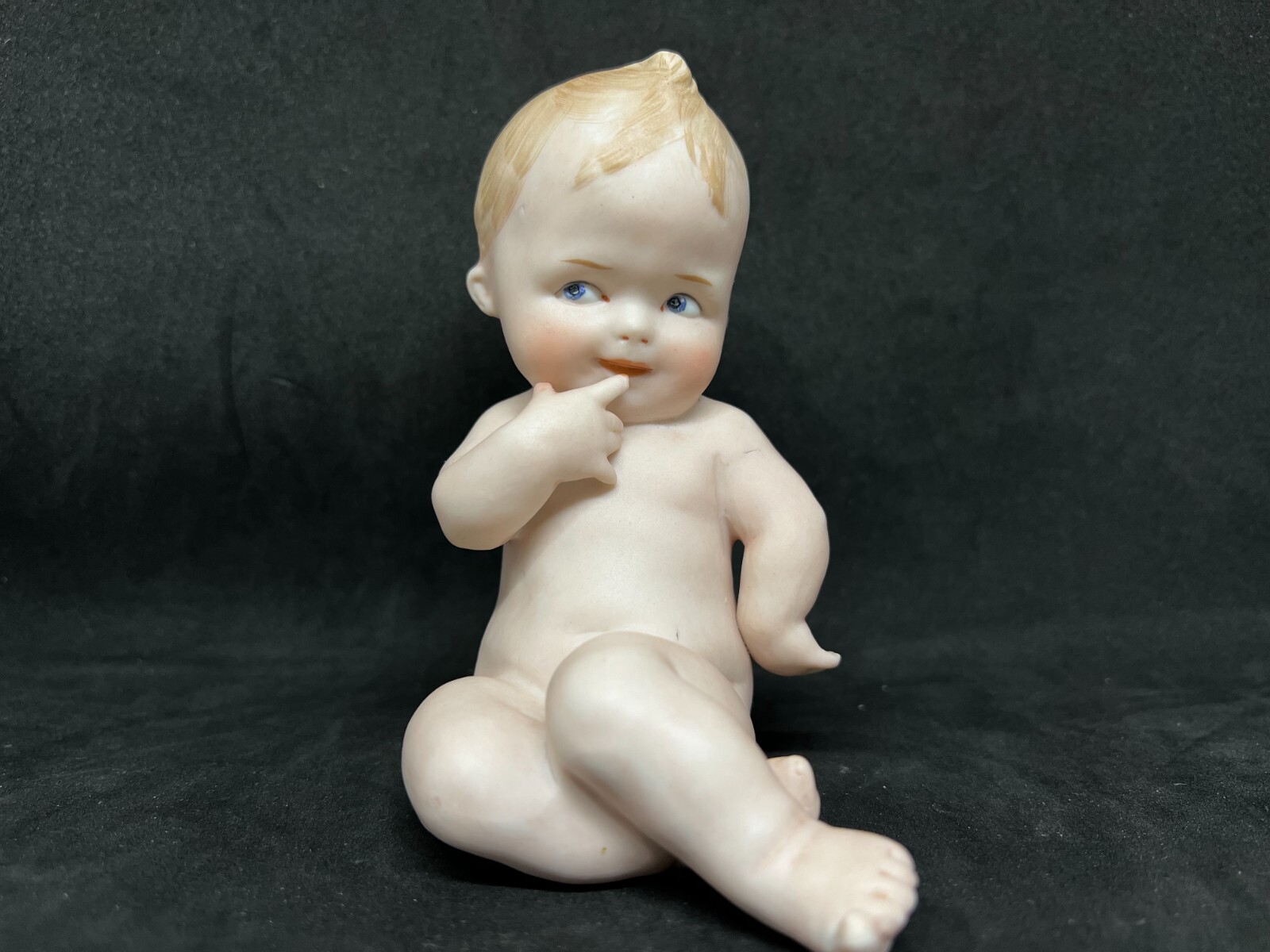 Vintage Gebruder Heubach-German Porcelain Bisque-Sitting Nude Piano Baby 3 1/2″