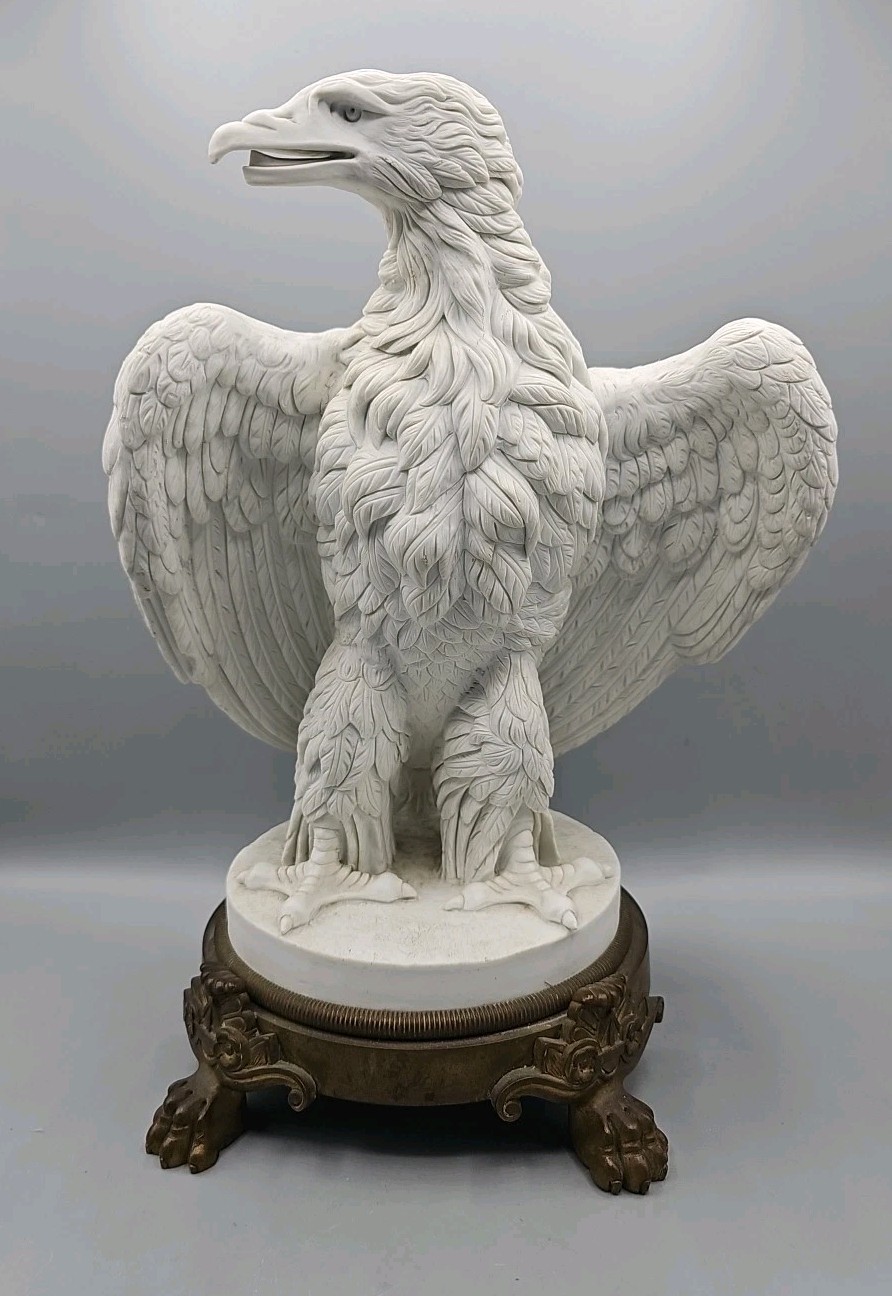 ANTIQUE SEVRES BISQUE PORCELAIN NAPOLEON III EAGLE ON BRONZE-FOOTED BASE
