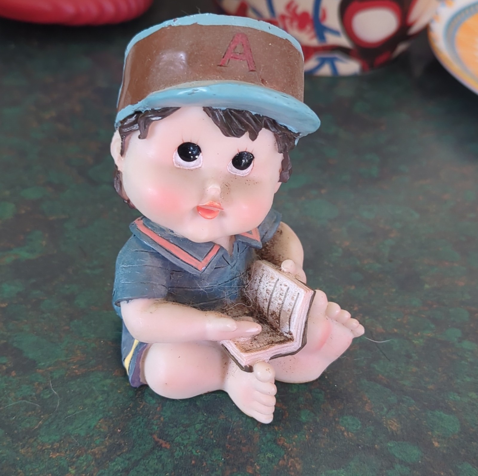 Boy Reading Book Resin Figurine Blue Brown Beige People Theme Decorative