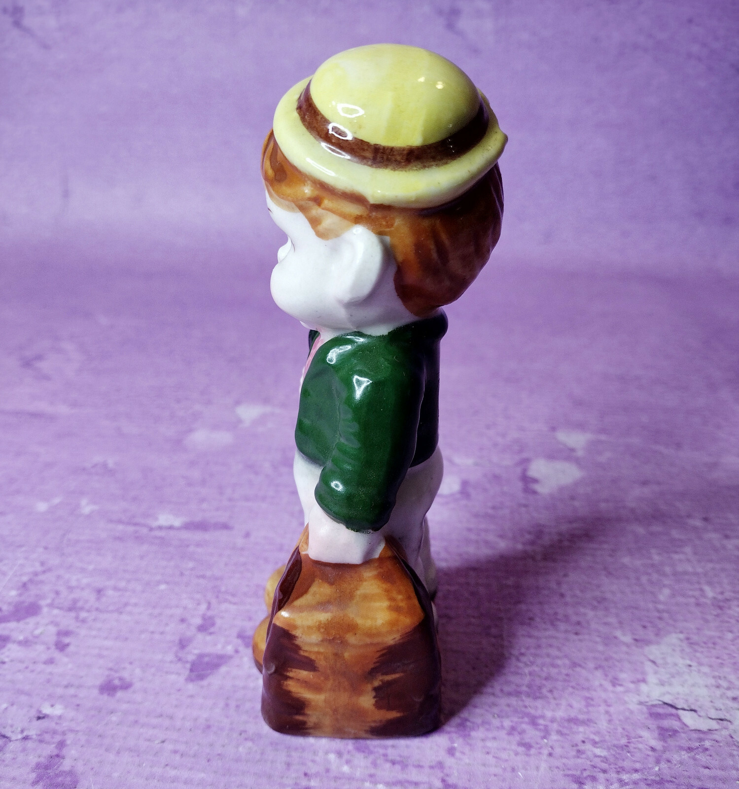 Little Boy Vintage Figurine Hat Umbrella Bag Green Coat Handpainted Bisque 5.5in