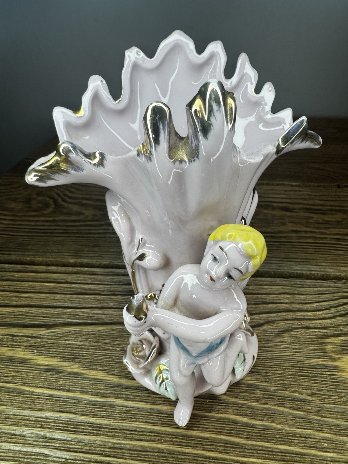 Vintage Porcelain Cherub Vase Ruffled Lustre Rim Silver Gold Angel Figurine
