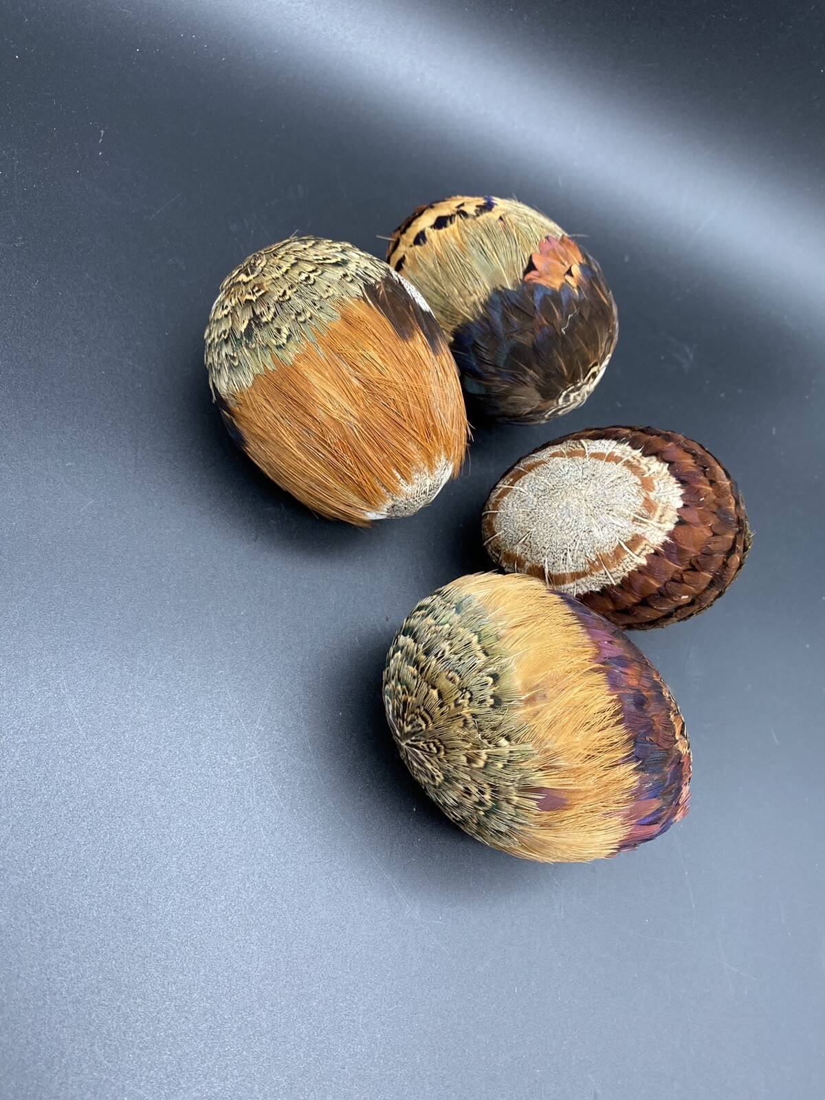 Pheasant Feather Covered Eggs Vintage Brown Multicolor Set Of 4