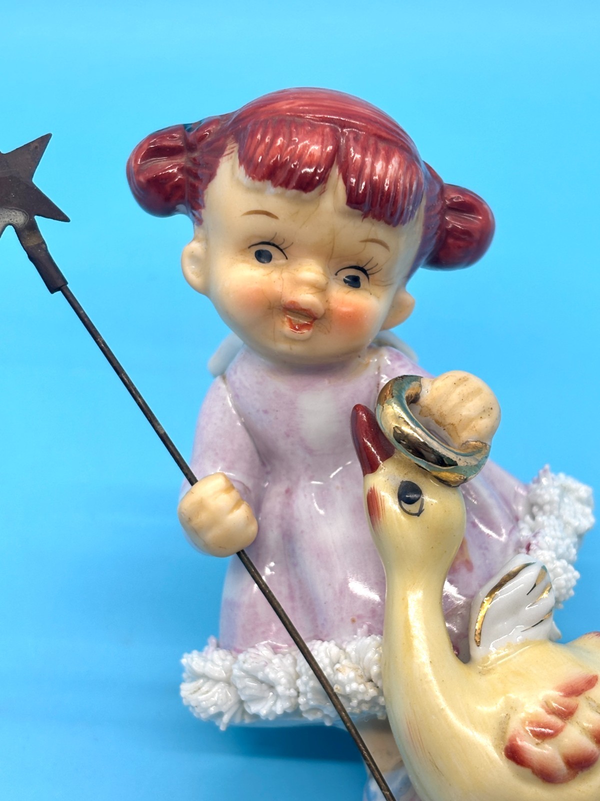 Vtg Ardalt Red Hair Angel Gold Halo Holding Star Staff w/ Duck – EUC