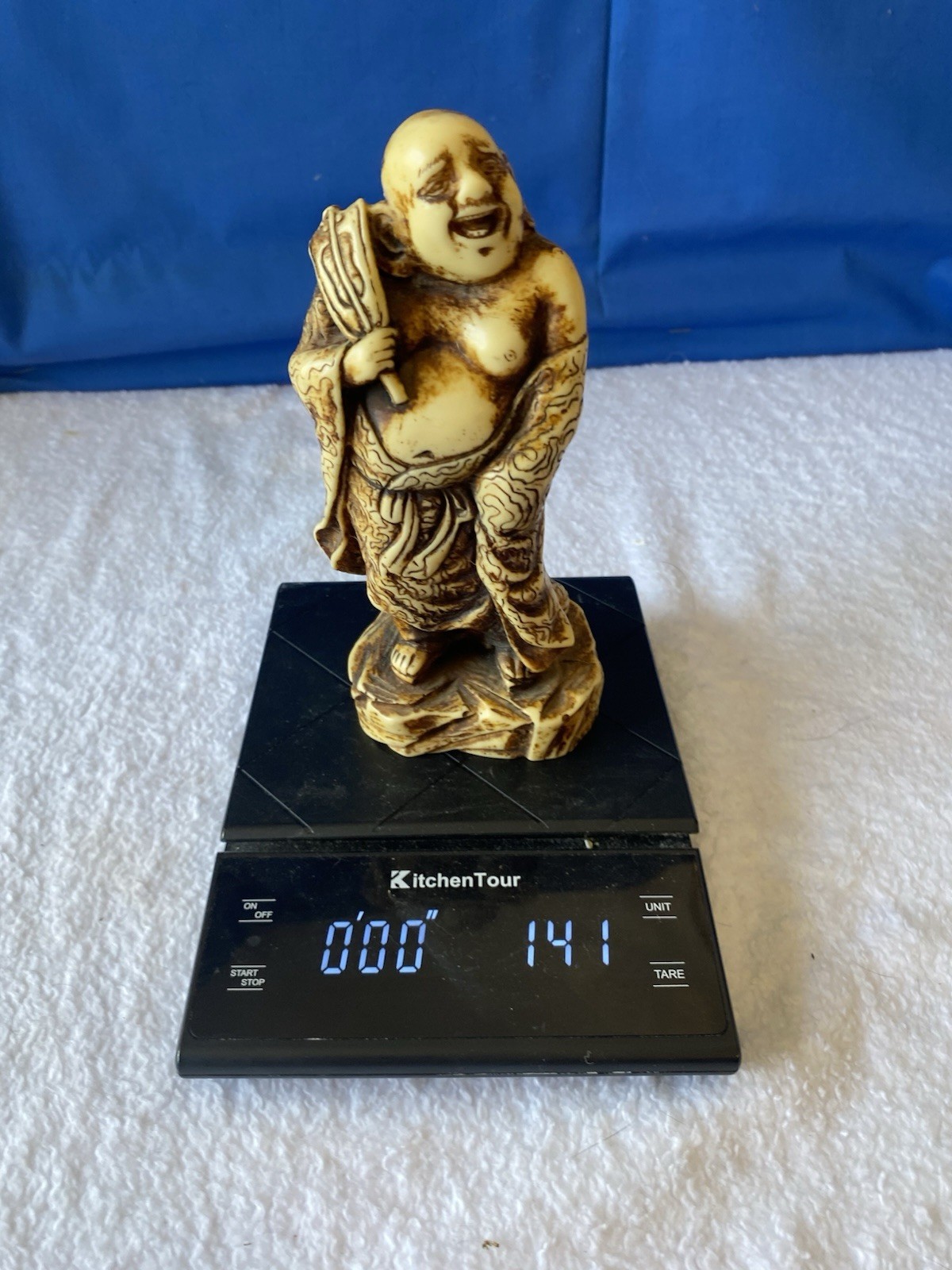 Carved Laughing Buddha Figurine Resin Antique Finish Beige Brown 6.5″