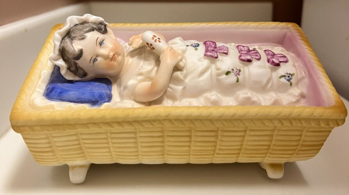 Antique Piano Baby Bisque Porcelain Heubach Girl In Rocking Cradle 6.25”
