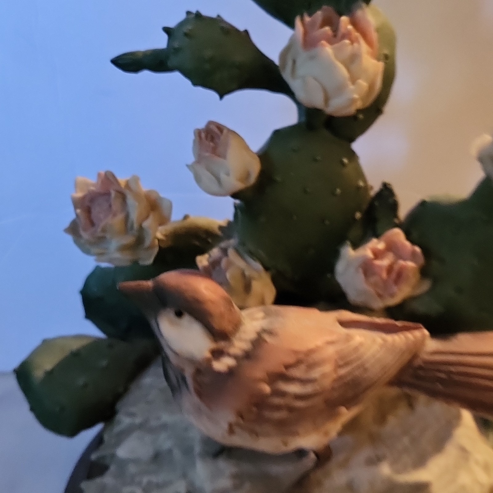 G Armani Porcelain Bird Figurine Hand Painted Cactus Flowers Wooden Base