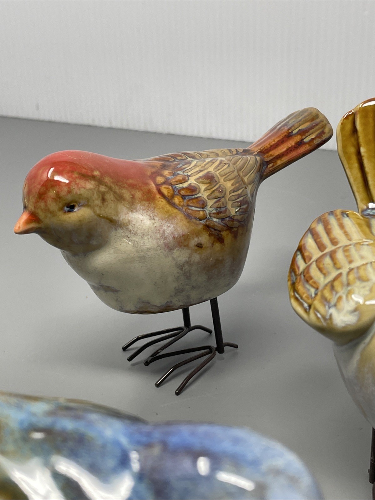 5 Vintage Ceramic Birds Figurine Glossy Finish Metal Legs Garden Decor