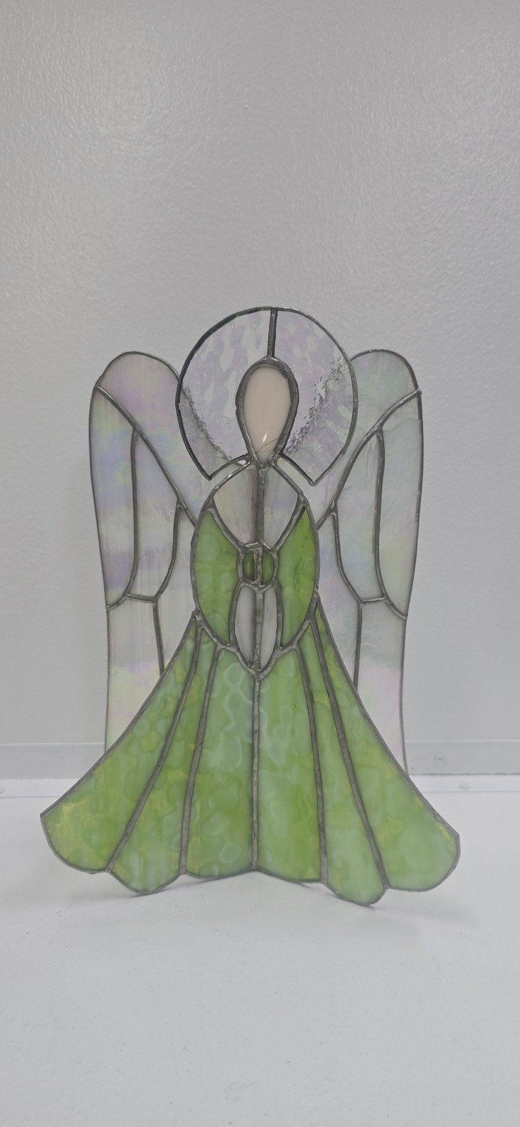 Stained Glass Angel Figurine Iridescent White Green Tabletop Suncatcher Decor