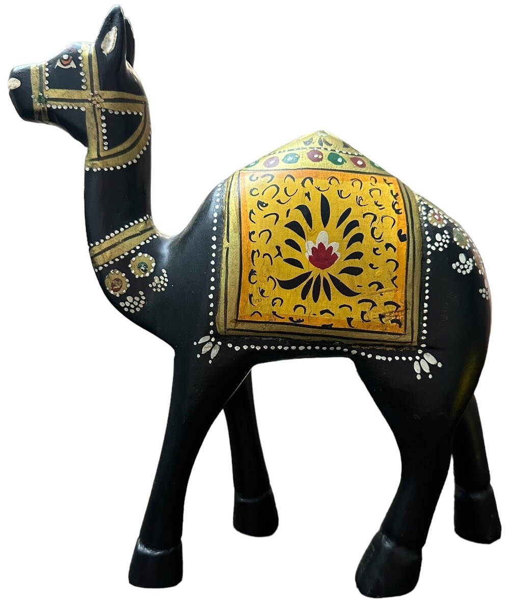Folk Art Camel Figurine Vintage Hand Carved And Painted Wooden 9″ Tall