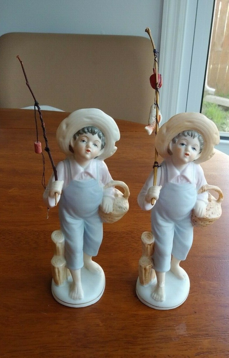 2 UCAGO FISHING BOYS ORIGINAL POLES VINTAGE JAPAN BISQUE HAND PAINTED EX COND
