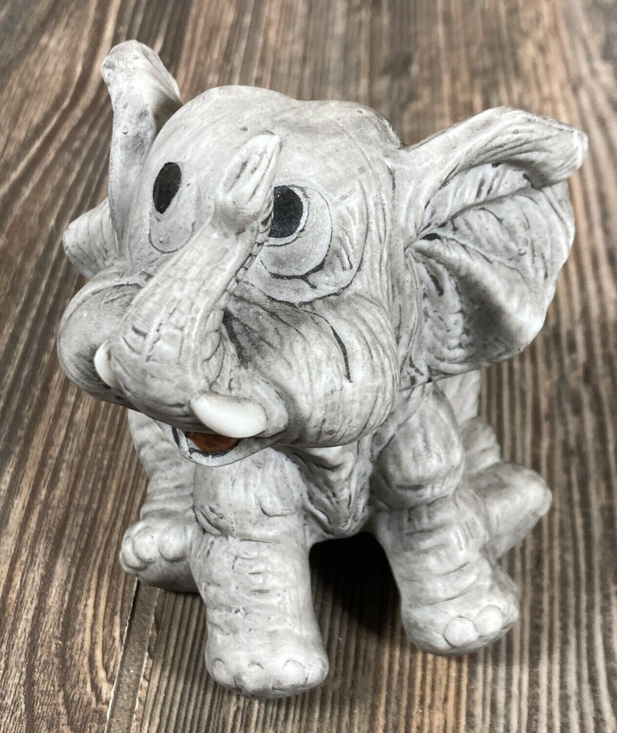 Elephant Baby Sitting Figurine Ceramic Trunk Up Gray Hand Painted 4in Taiwan