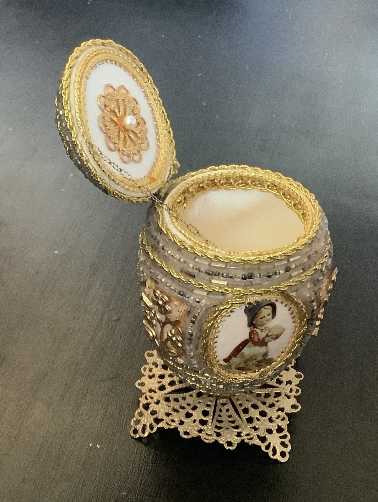 Hand Decorated Real Goose Egg Painted Jeweled Gift Box – Handmade 1975 Signed