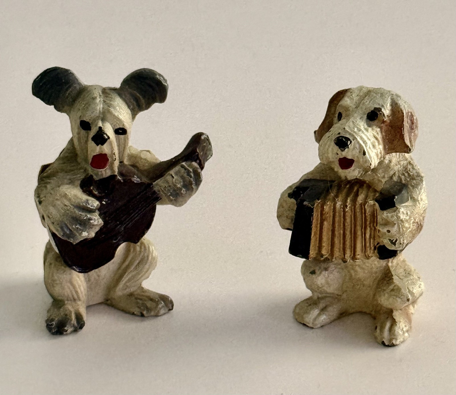 Vintage Painted Cast Metal Dogs Playing Instruments Set (2)