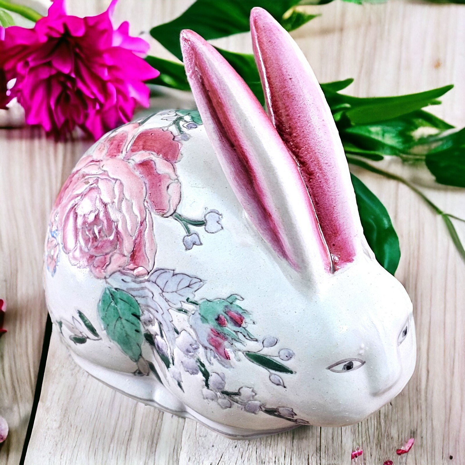 VTG Tobacco Leaf Porcelain Animal Figurine Pink Rabbit Chinoiserie Bunny Floral