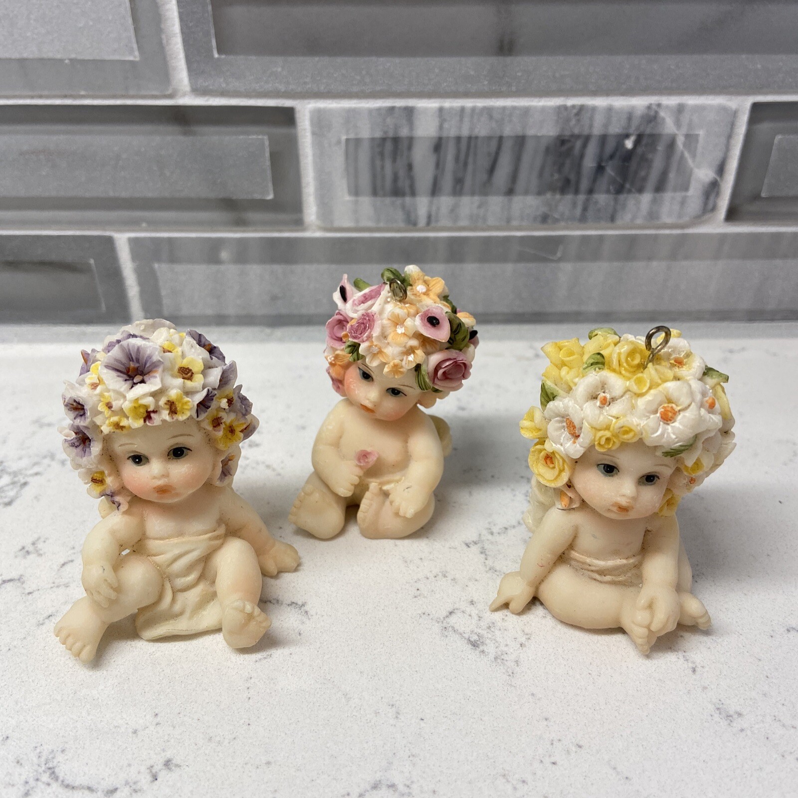 Tiny Porcelain Baby w/Purple, Yellow & Rose Flowers. Hand Painted. Lot of 3