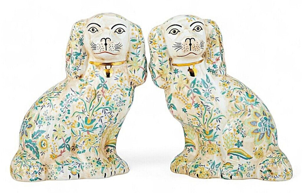 Pair: Spring Flower Hand Painted Porcelain Reproduction Staffordshire Dogs-9”H