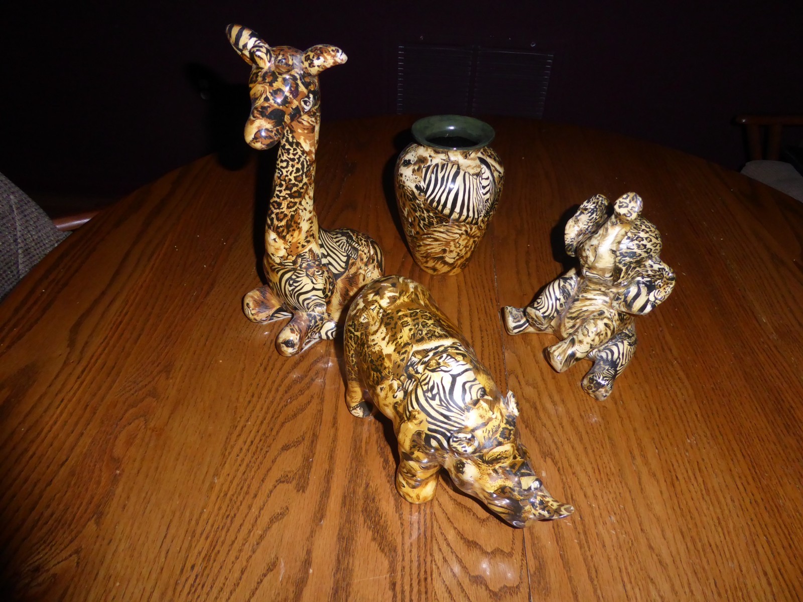 4 LA VIE Safari Ceramic Figures patchwork print: RHINO, GIRAFFE, ELEPHANT, VASE
