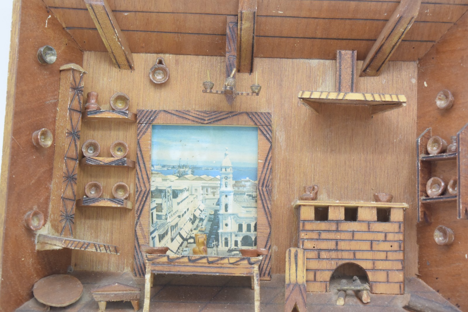Hand Carved Wooden Room Box Diorama Shadowbox Vintage 3D Hanging Wall Decor Art